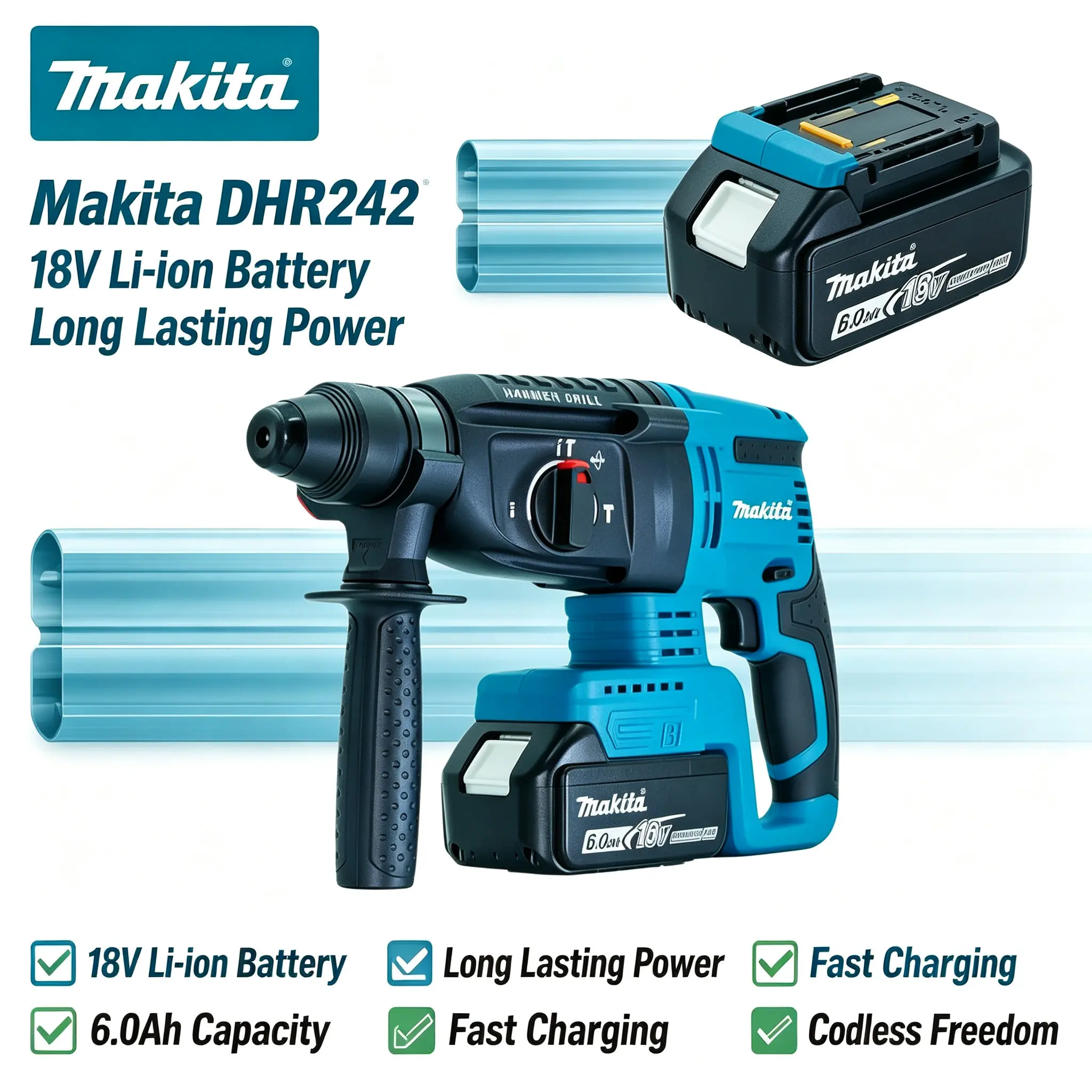 Perceuse perforatrice rotative SDS-Plus Makita DHR242 18V à batterie lithium-ion, structure interne absorbant les vibrations à 13,5 m/s² offrant un fonctionnement confortable pour des sessions de perçage prolongées.