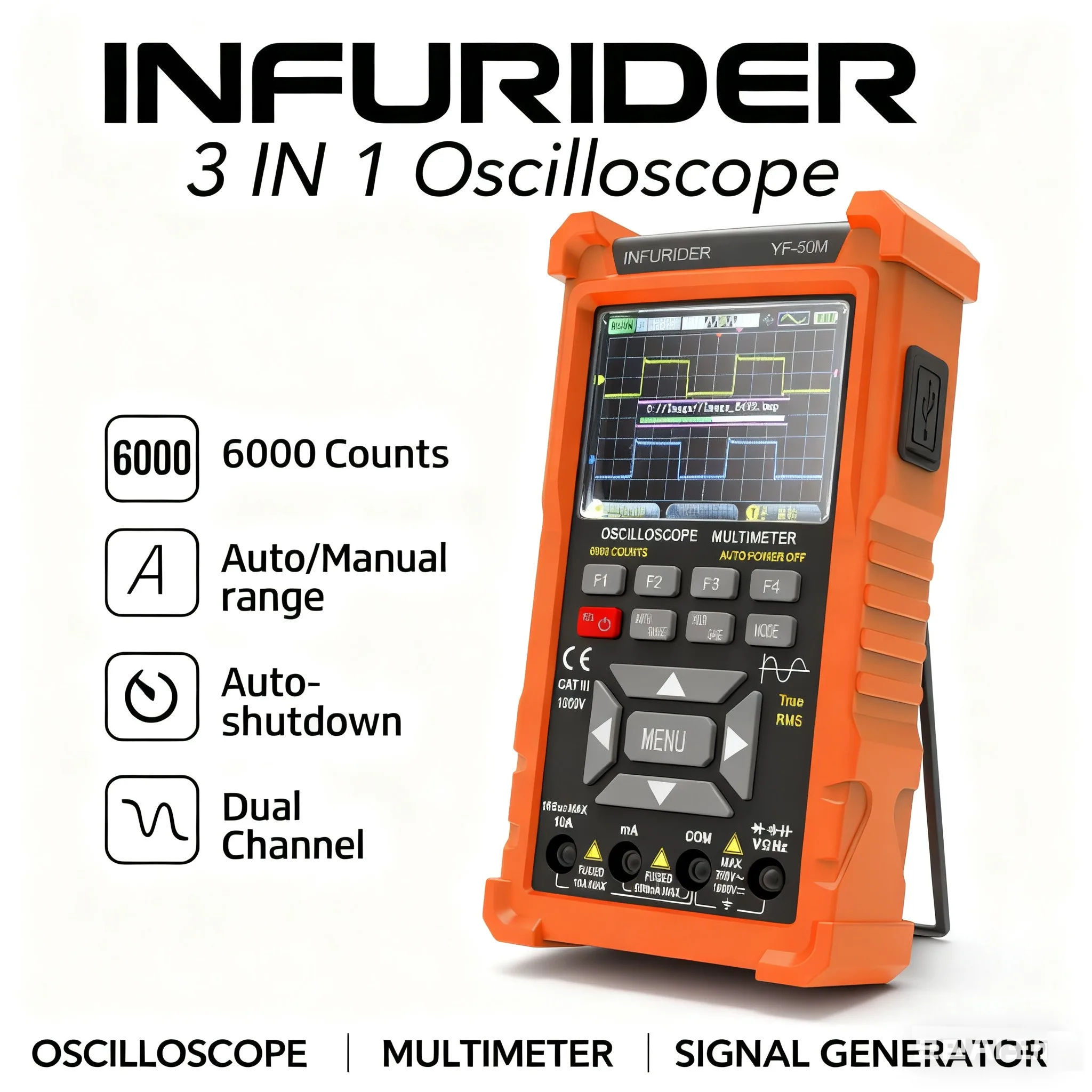 Multimeter Oscilloscope 2Channels,280MSa/s Sampling 3-in-1 50MHz Handheld with Signal Generator,3.5
