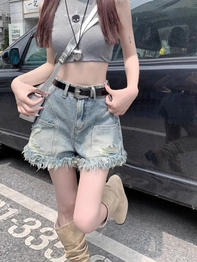 Women Vintage Tassels Denim Shorts Button Loose High Waist A-line Jean Shorts Casual Women Office Trousers Streetwear