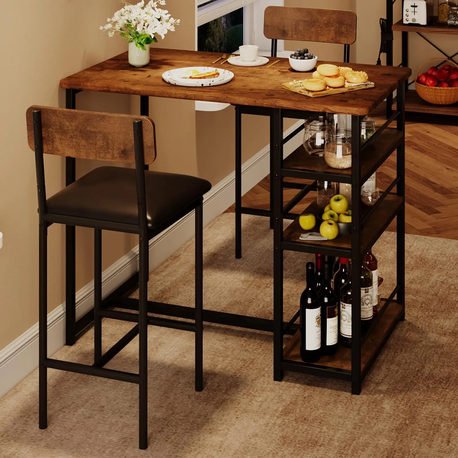 Counter Height Dining Table Set for 2 with Upholstered Stools, Retro Brown, Space-Saving Design for Small Apartments