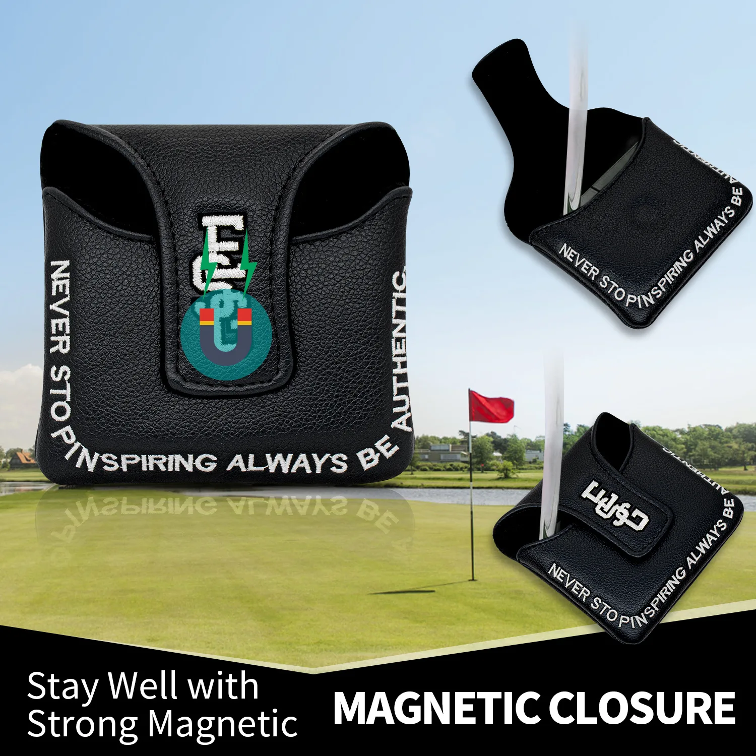 Hot Square Mallet Putter Cover PU Leather Embroidered Magnetic Closure Golf Headcover Putter Cover 14*12cm