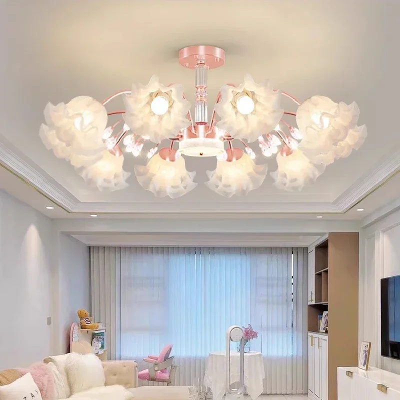 Pink Flower Chandelier for Girl Bedroom Minimalist Modern Warm Home Decor Indoor Lighting Princess Theme Living Room Lamp