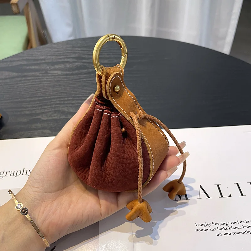 Genuine Leather Drawstring Pouch Mini Bucket Bag Vintage Coin Purse Key Holder Organizer with Metal Ring for Women Daily Use