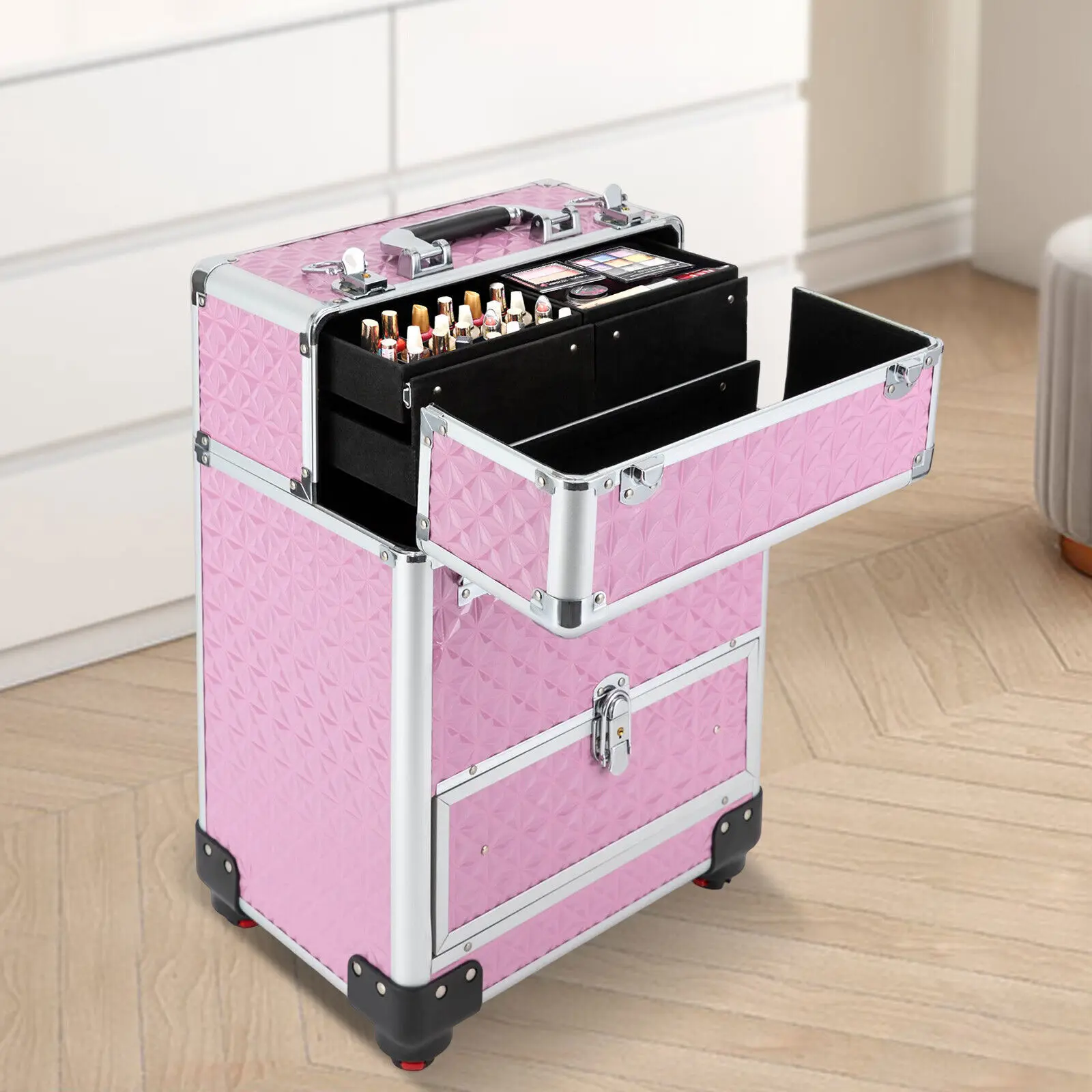 

Rolling Makeup Case Artist Cosmetic Train Case Aluminum Makeup Trolley Pink