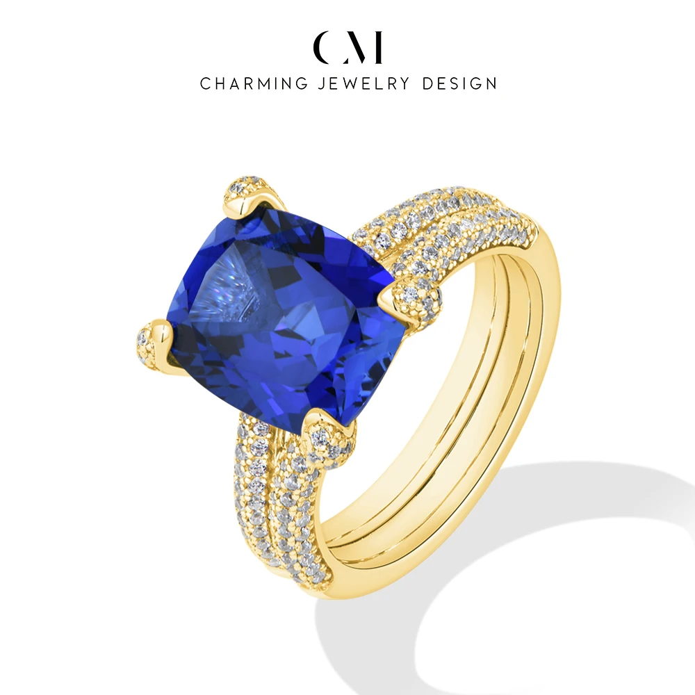 

CHARMING Gorgeous Sapphire Ruby Cushion Cut Moissanite Ring Double Thick band for Women party Birthday Gifts Anniversary Wedding