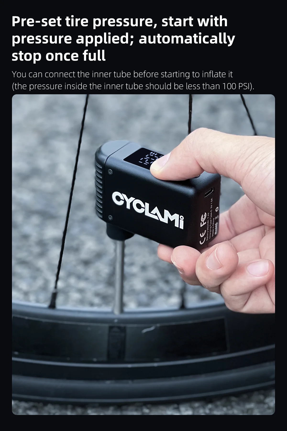 CYCLAMI A2 Mini Tragbare Fahrradpumpe Wiederaufladbarer Luftkompressor 120 PSI Typ-C Fahrradzubehör für Schrader- und Presta-Reifen A2MINI – Detail 6