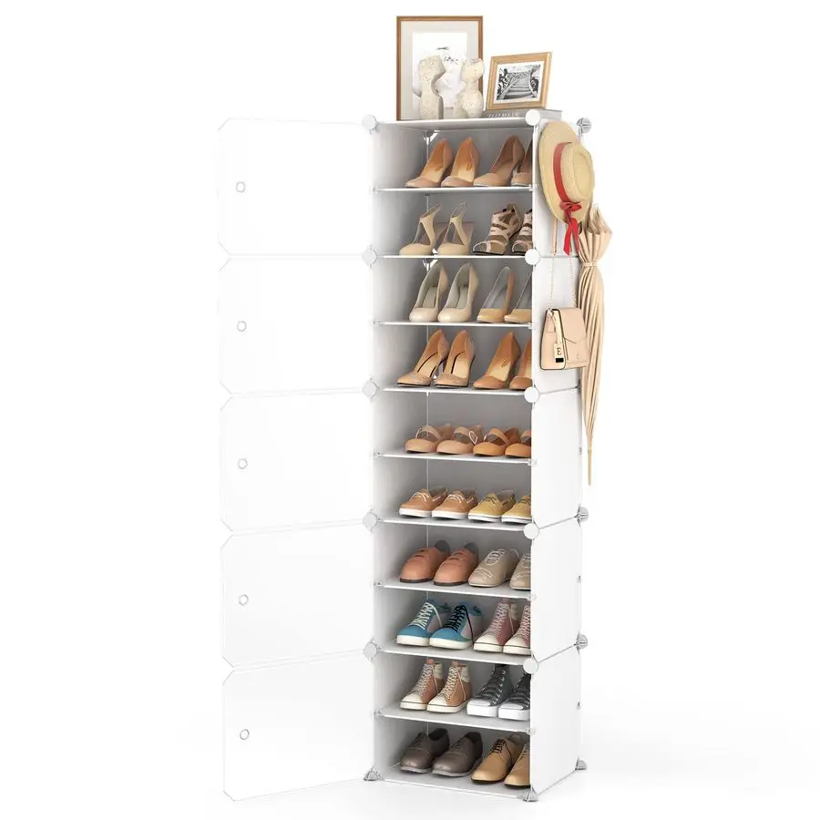 

10 Tiers Tall Shoe Rack 20 Pair Organizer Narrow Rack with Door Portable Storage Cabinet with Hooks Sturdy Plast