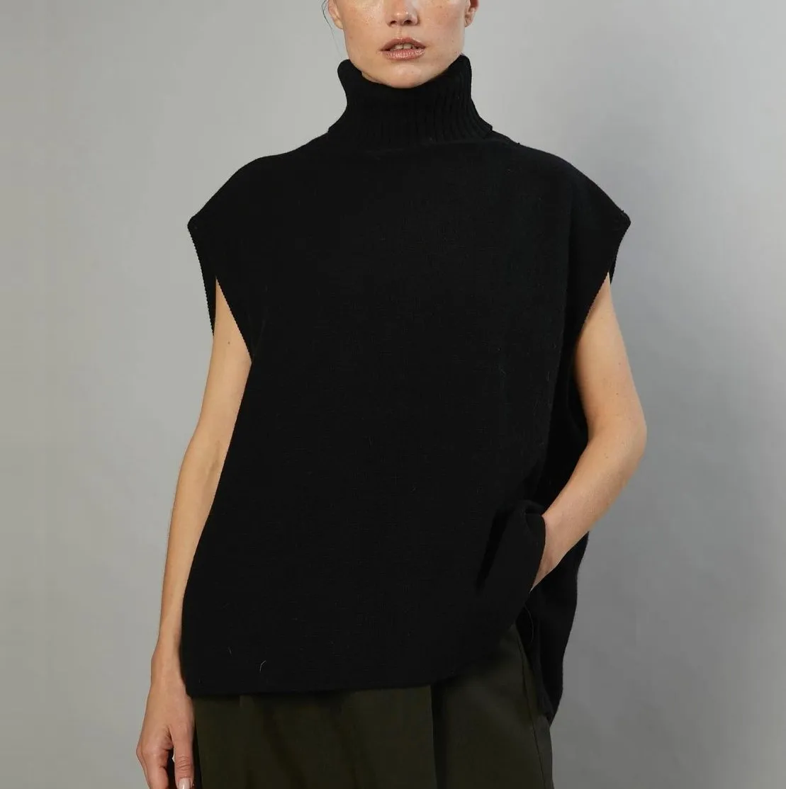 Turtleneck Pullover Knit Women's Sweater Split Hem Sleeveless Oversized Knitwear Tops Female Solid Fashion Streetwear Outwear