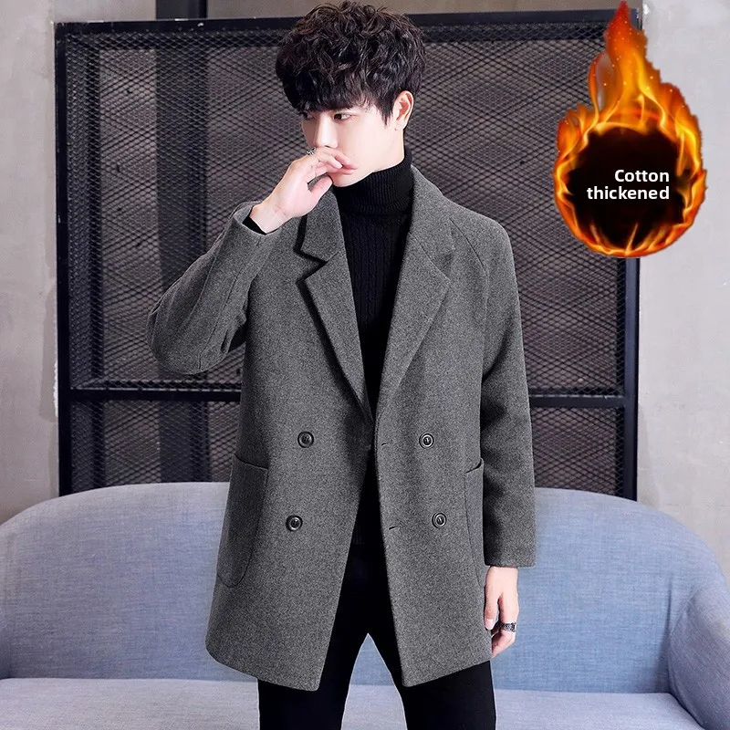 

Thiened Woolen Men's Coat Briti Sle Autumn Winter Faion Casual Windbreaker Mid-Length Tweed Jaet for Teenagers