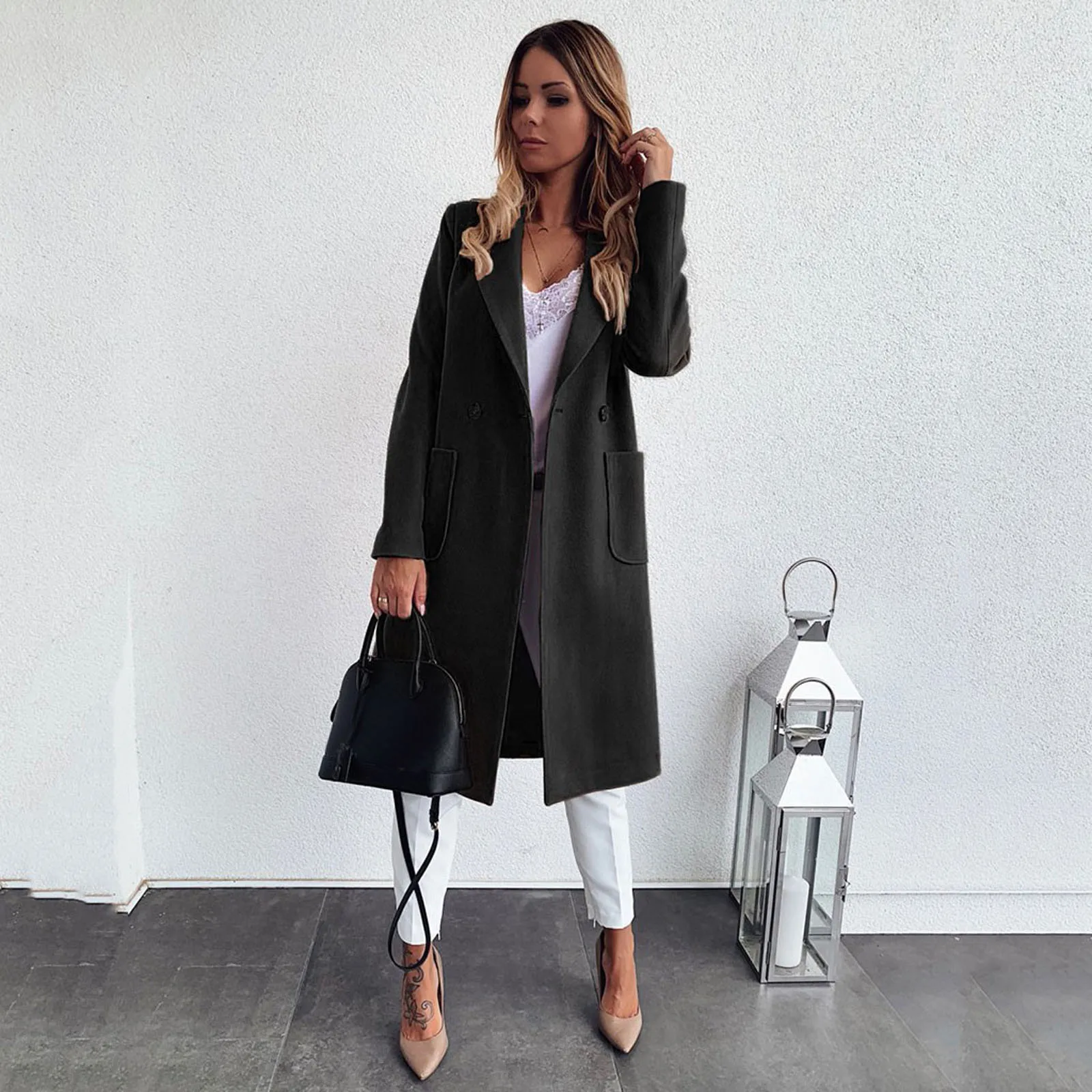 Fashion Women's Pocket Solid Button Lapel Cardigan Long Sleeve Coat Women's Duster Coat Tan Overcoat Women