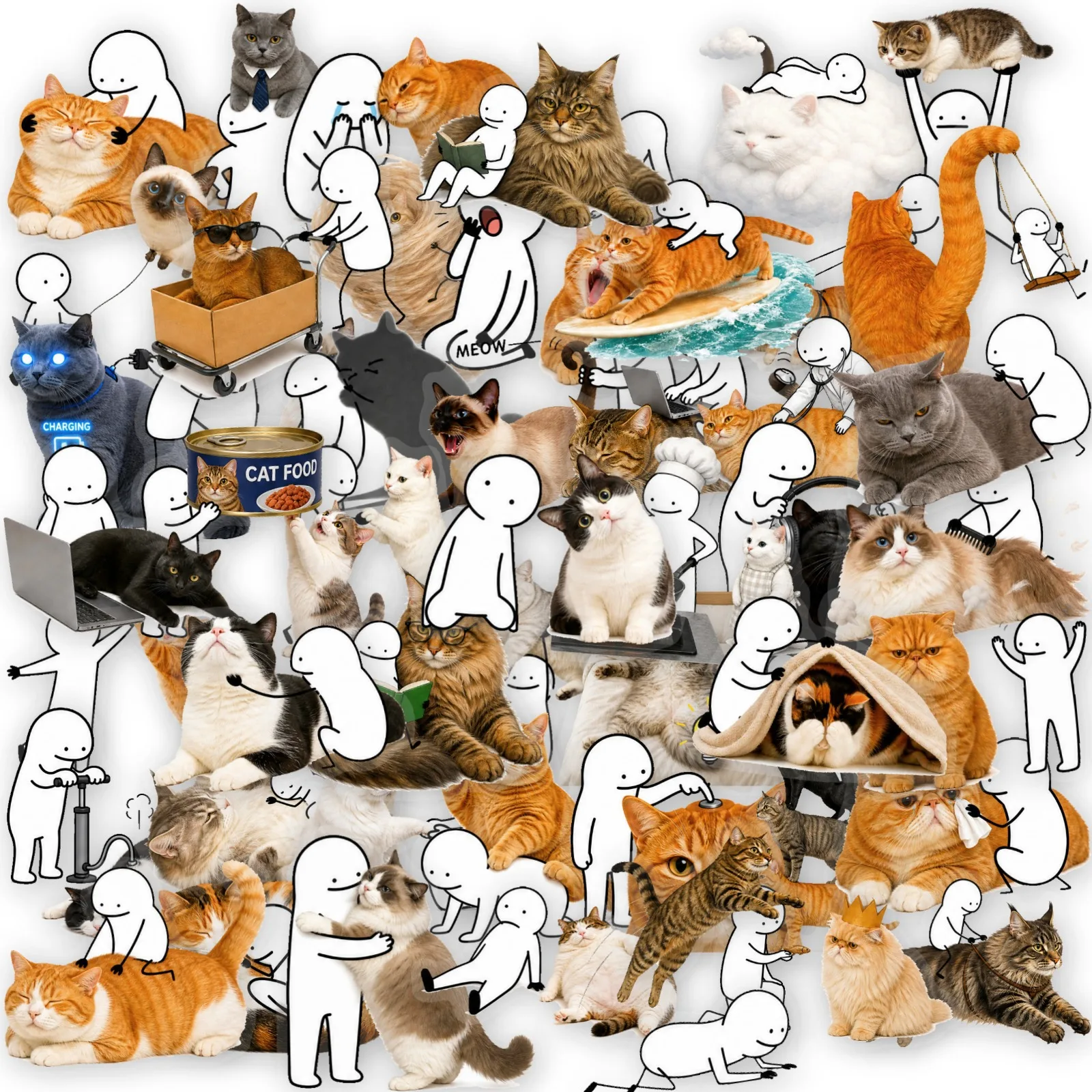 50 PCS Funny Simple Line Little Person And Cat Expression Stickers Transparent Waterproof Student Hand Account Material Decals