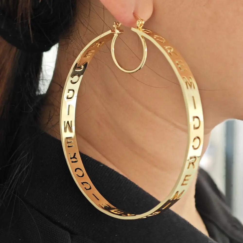 2023 Personalized 30-90mm Hallow Name Hoop Earring Custom Stainless Steel Chunky Drop  Earring For Women Jewelry Gifts
