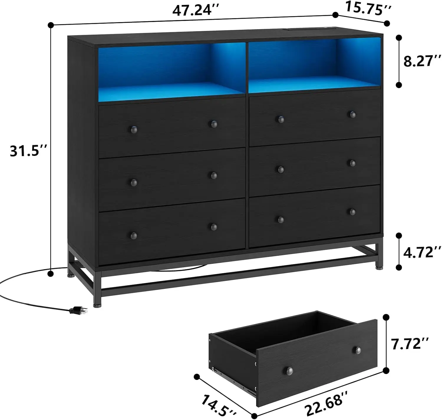 Cômoda de madeira com 6 gavetas para quarto, cômodas de madeira maciça com estação de carregamento e luzes LED, cômodas modernas de suporte de TV para TV de 50"