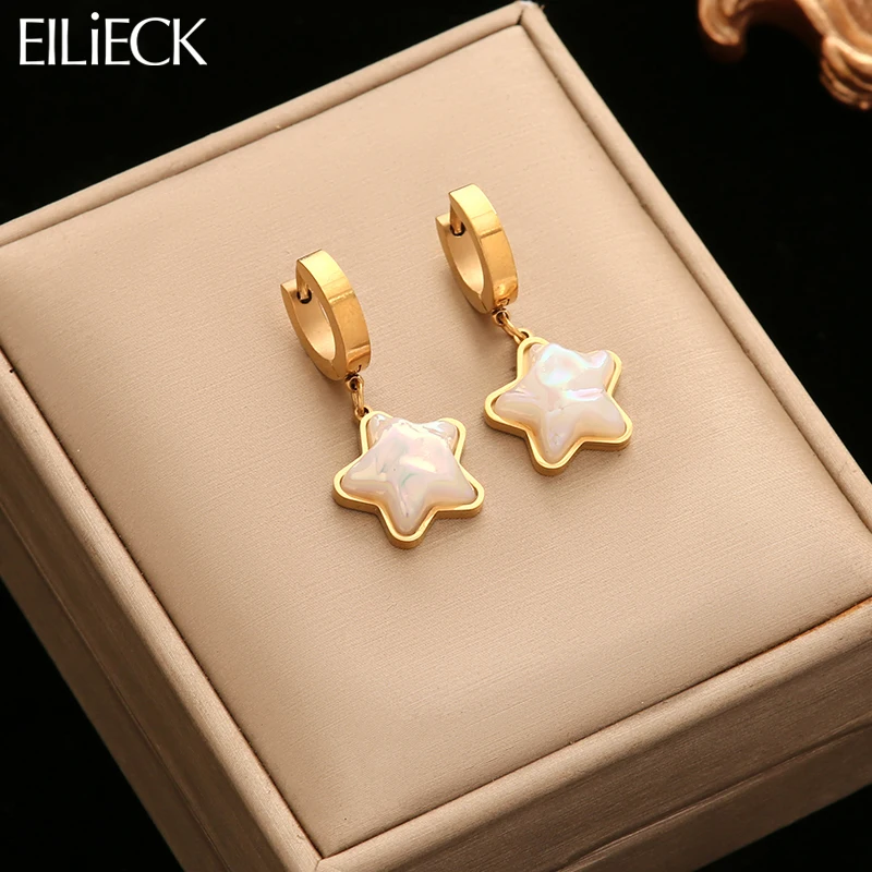 

EILIECK 316L Stainless Steel Star Pearl Drop Earrings For Women Fashion Ear Dangle Waterproof Jewelry Holiday Gift Bijoux Серьги