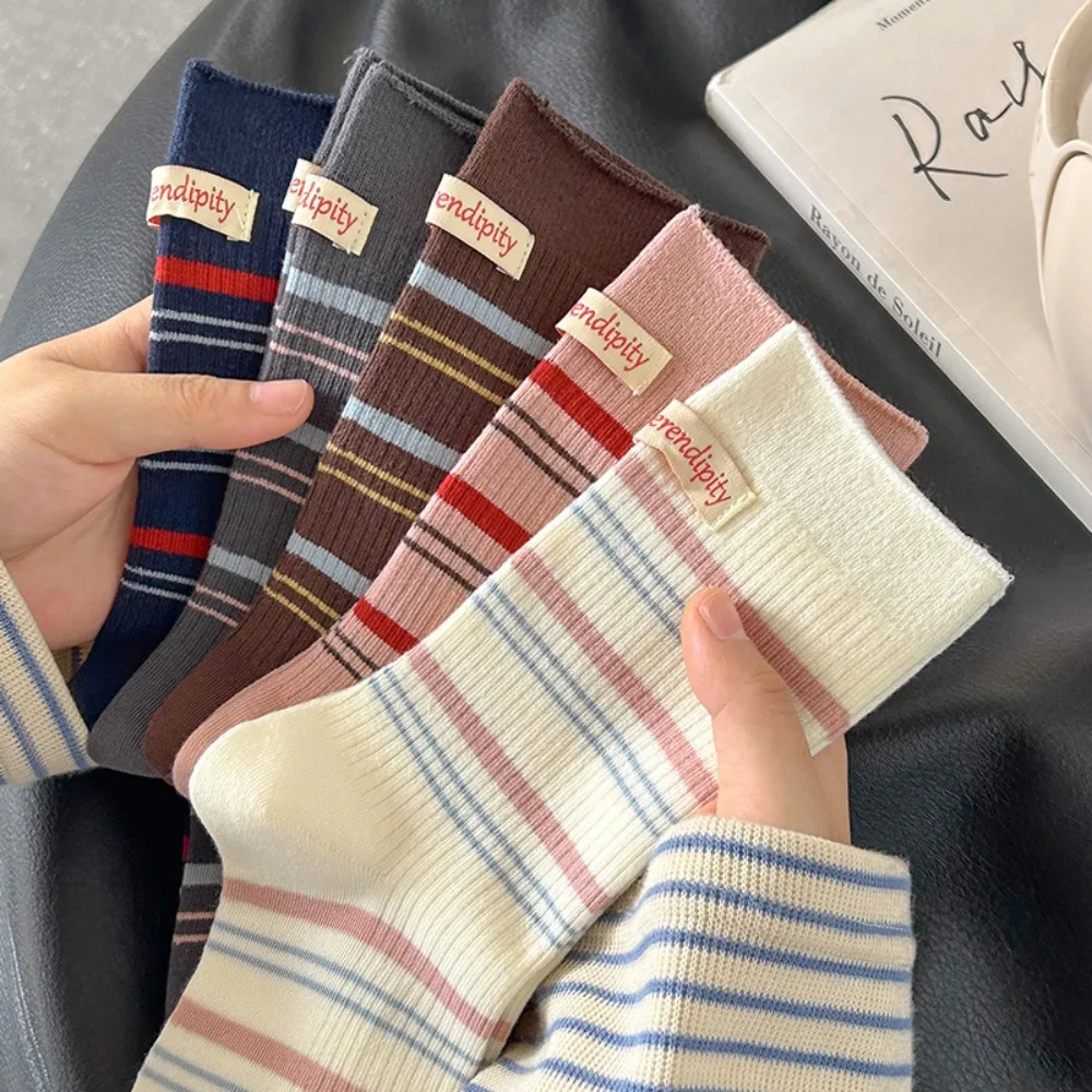 Women Crew Socks Striped Letter Heel Autumn Fashion Slouch Knit Cotton Elastic Socks Casual Street Student Trendy Foot Wear