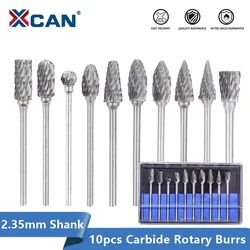 XCAN Carbide Rotary File for Metal 10pcs 2.35mm Shank Double Cut Rotary Burrs Metal Milling Cutter for Dremel Rotary Tools