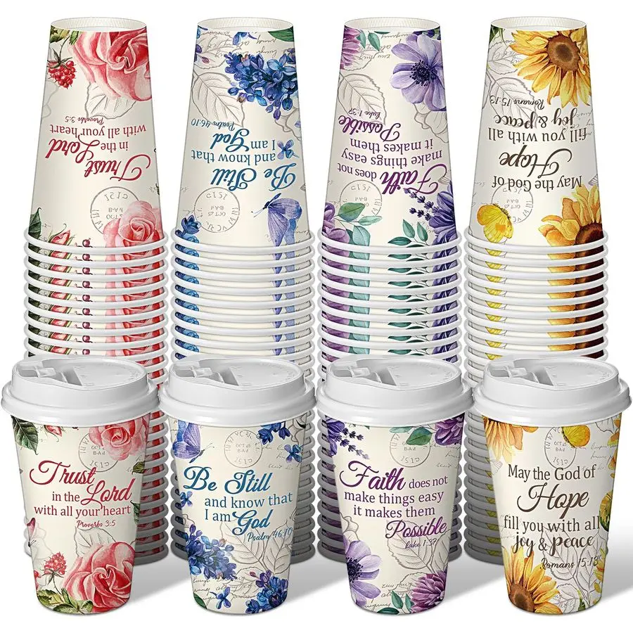 

100 Pcs Christian Disposable Coffee Cups with Lids 16 oz Floral Tea Scripture Paper Cups Bulk Bible Verse Coffee Drinkware for R