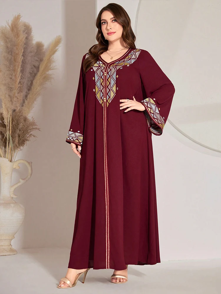 TOLEEN Women Plus Size Maxi Dresses Arab Muslim Embroidered V-neck Dress With Flared Sleeves Retro Middle Eastern Ethnic Robes