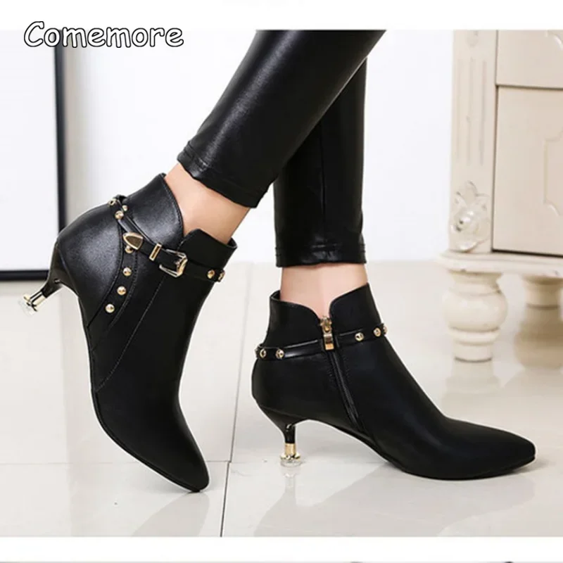 Comemore Booties Woman Winter 2022 Stiletto Pointed Toe Short Boots Women Autumn Korean Style Rivet Ankle Boot Leather Shoes 34