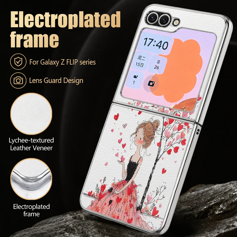 Lychee Texture Leather Case For Samsung Galaxy Z Flip7 FE Flip6 Flip 7 6 5 5G Plating Frame Pink Love Heart Hard PC Back Cover