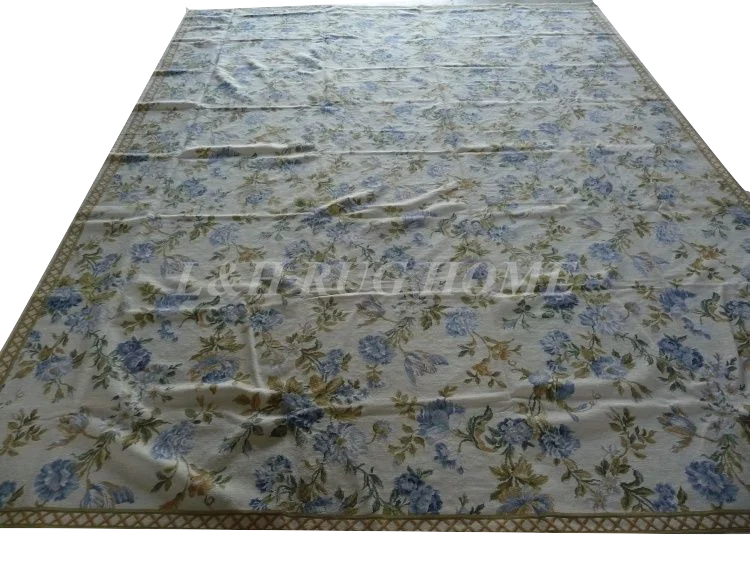 Free shipping 9'x12' handmade woolen rug, needlepoint woolen carpet, 100% New Zealand Wool blue floralshigh quality