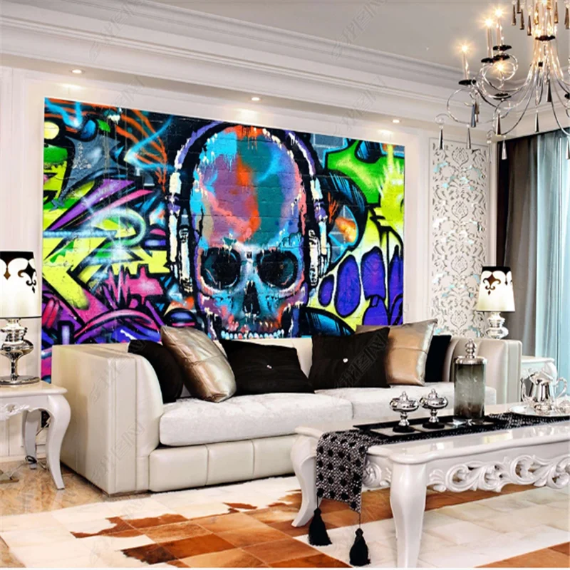 Nordic Hand-painted Skull DJ Street Mural Wallpapers Industrial Decoration Graffiti Background Wall Paper papel de parede 3D