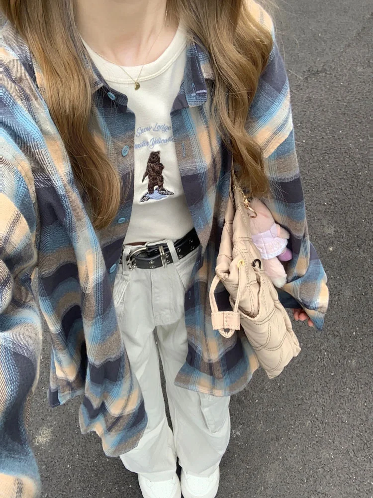 

plus Size Women's Shirt Korean Style Spring Autumn Plaid Loose Fit Conceal Meatiness 300 Pounds Student Coat Shirt