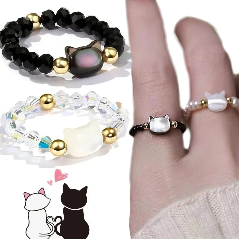 1/2 szt. Obsydianowe pierścionki z kamienia księżycowego z kamienia naturalnego dla kobiet ręcznie robiony uroczy czarny biały kot obrączka ślubna biżuteria prezent