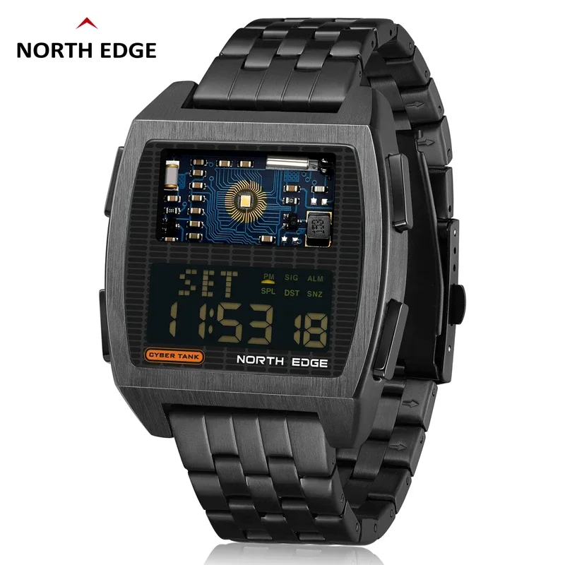 North Edge Men's Digital Watch Retro Industrial Metal Style Waterproof 50M Sport Watches For Men World Time Men Watch