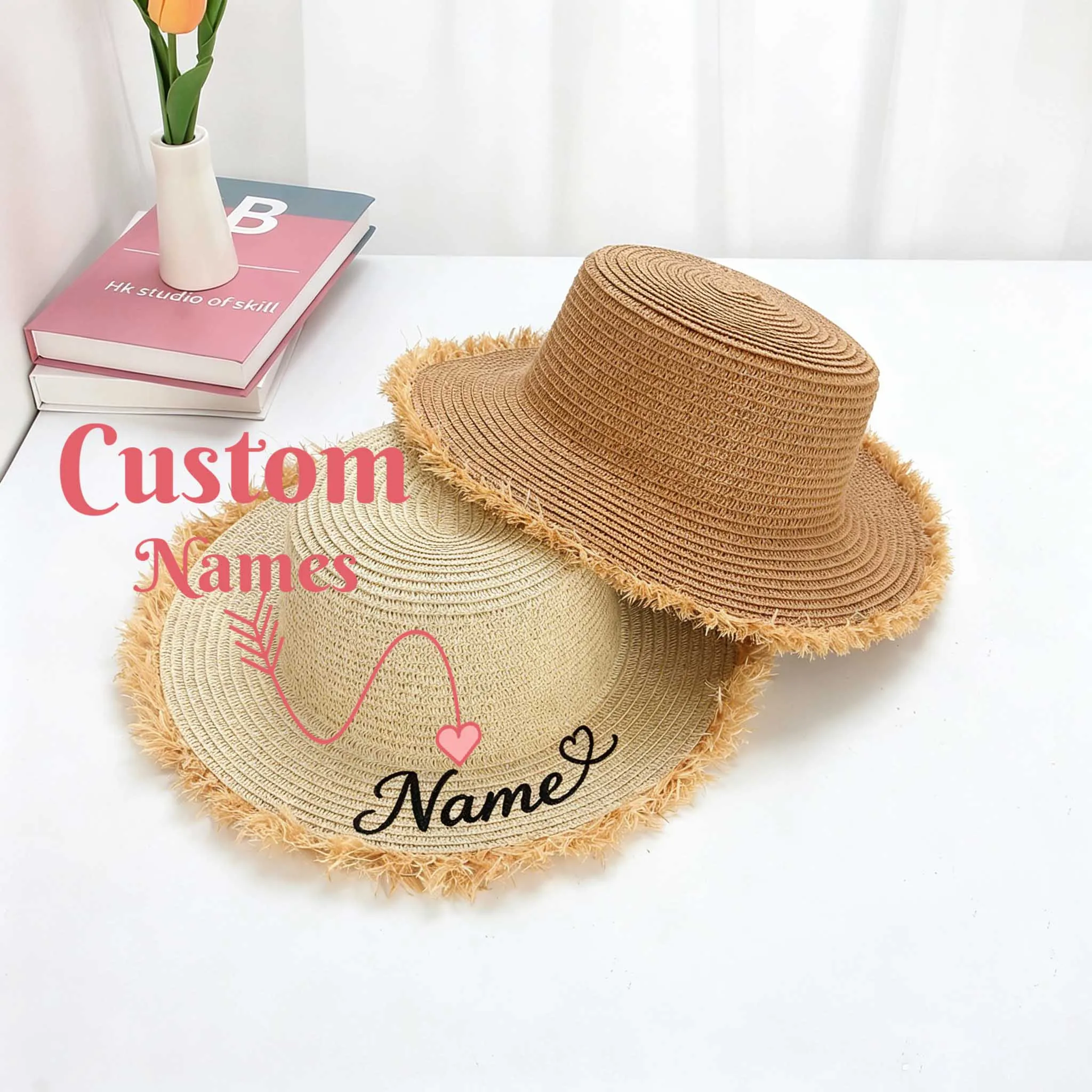 Custom Name Papyrus Beach Hat, Wide Brim Sun Protection Hat, Personalized Vacation Accessory