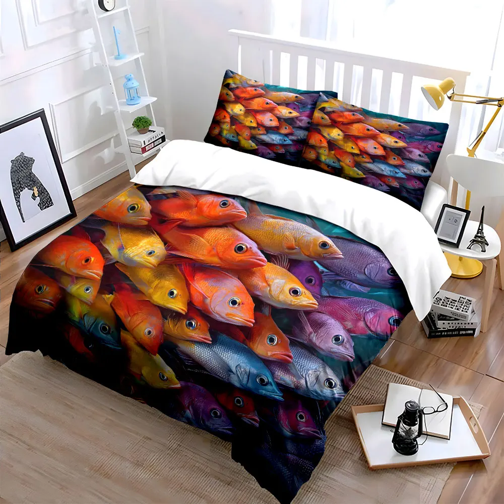 Colorful tropical fish cluster Duvet Cover Set with 3D Printing Design Soft Polyester Bedding Set All-Season Comfort for gifts