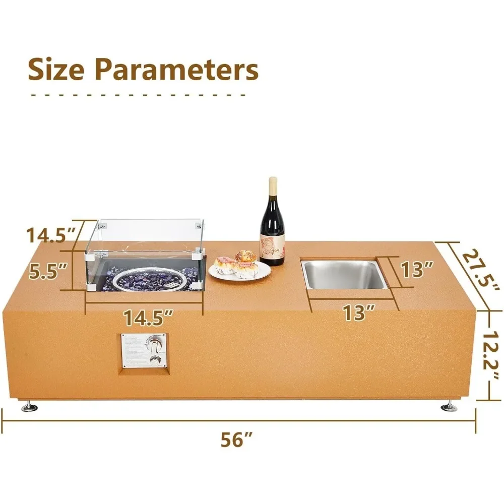 56" Propane Fire Pit Table with Ice Bucket，Dual-Use Functionality, Sturdy Construction，CSA Safety Certified，Fire Pit Table