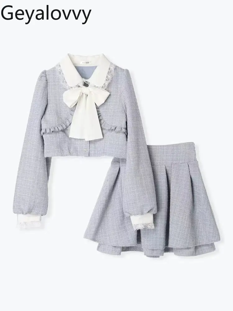 

Sweet and Cute Women's Two Piece Sets Japanese Original New Elegant Lace Long Sleeve Coat and Casual Skirt Set Lolita Style