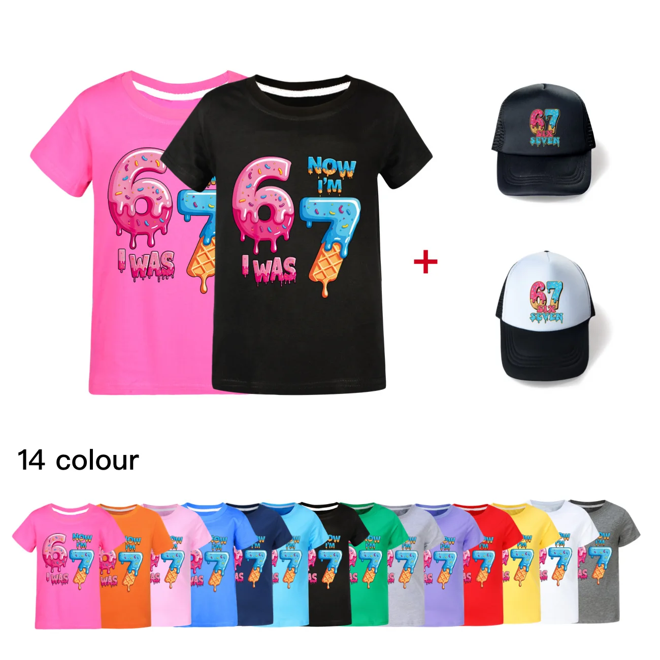 キッズ-スティール-ア-ブレインロット-クローズ-ファニー-67-ブレインロット-tシャツ-帽子-2個セット-シックスセブン-プリント-男の子-女の子-クリスマスや仮面舞踏会パーティー用