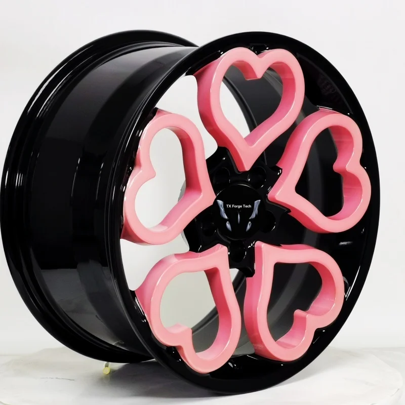 Factory Fashion Design Custom Pink and Black Heart Rims Shape  Alloy Forged Wheels Hub 15-26 Inch Car Rims  Passenger Car Wheels