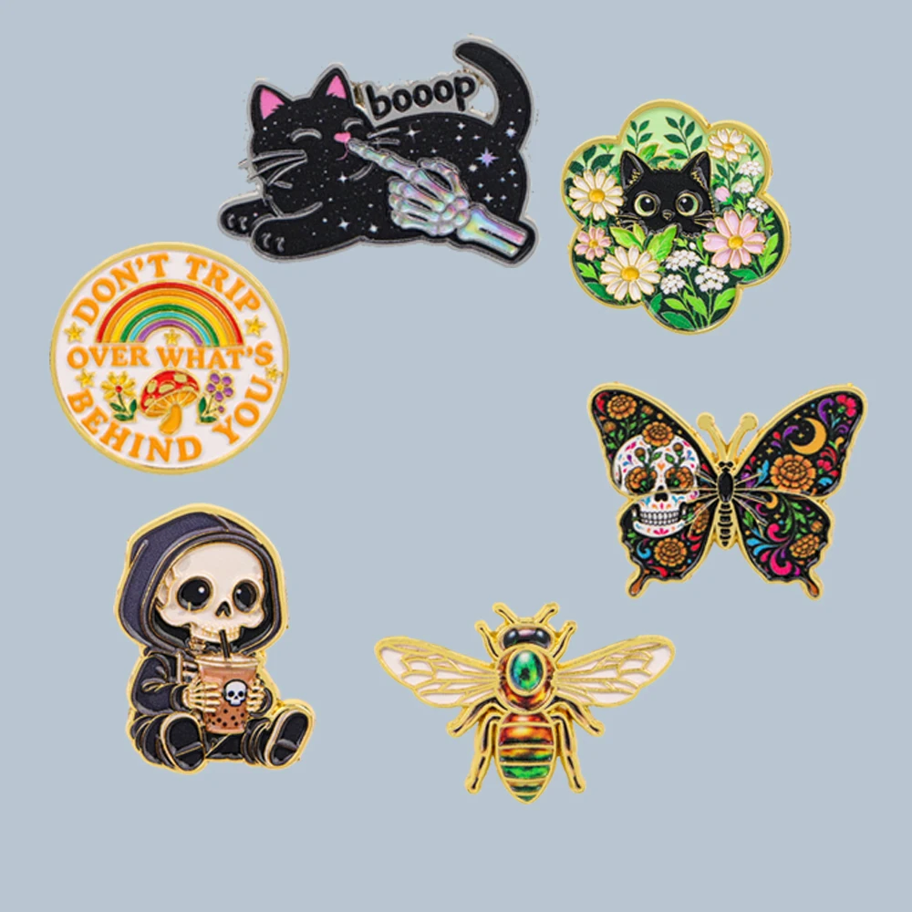 Black Cat Bee Skull Butterfly Enamel Pin Cute Badges Rainbow Mushroom Quote Cartoon Badge Accessories for Backpack Jacket