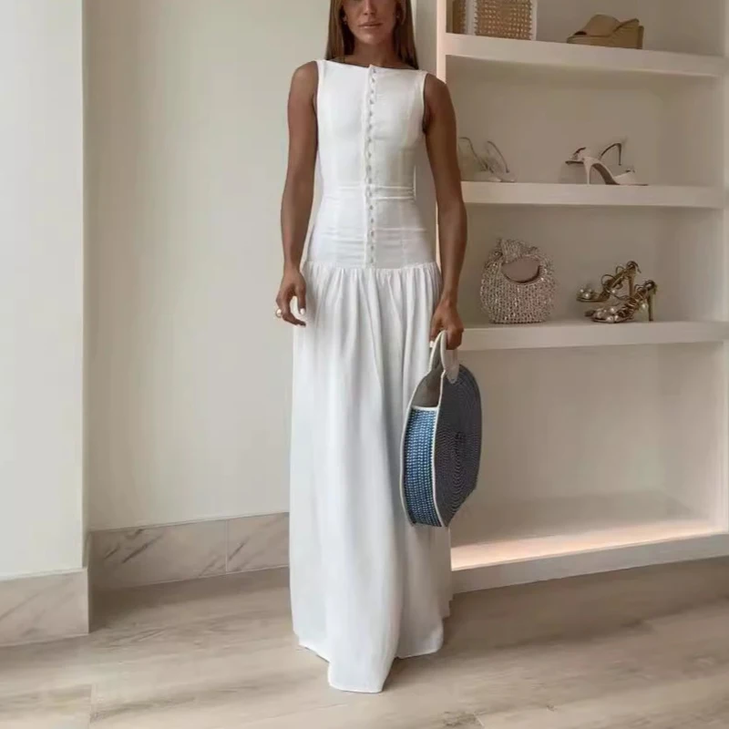 

Элегантное однобортное длинное платье с круглым вырезом, женское модное драпированное вечернее платье с высокой талией, повседневное однотонное тонкое платье макси без рукавов