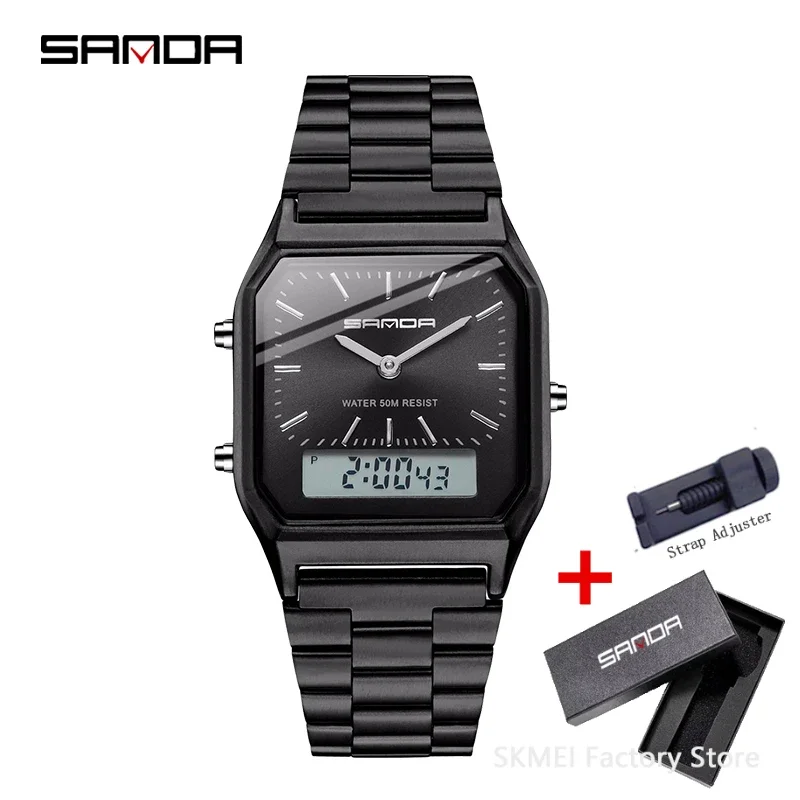 SANDA 747 LED Digital Dual Display Clock Waterproof Sports Luxury