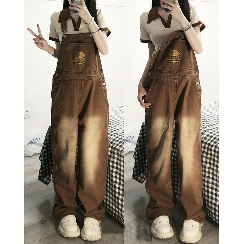 American Vintage Brown Denim Suspender Pants Women Hamburg Embroidery Loose Straight Overalls Fashion Trend Jumpsuit