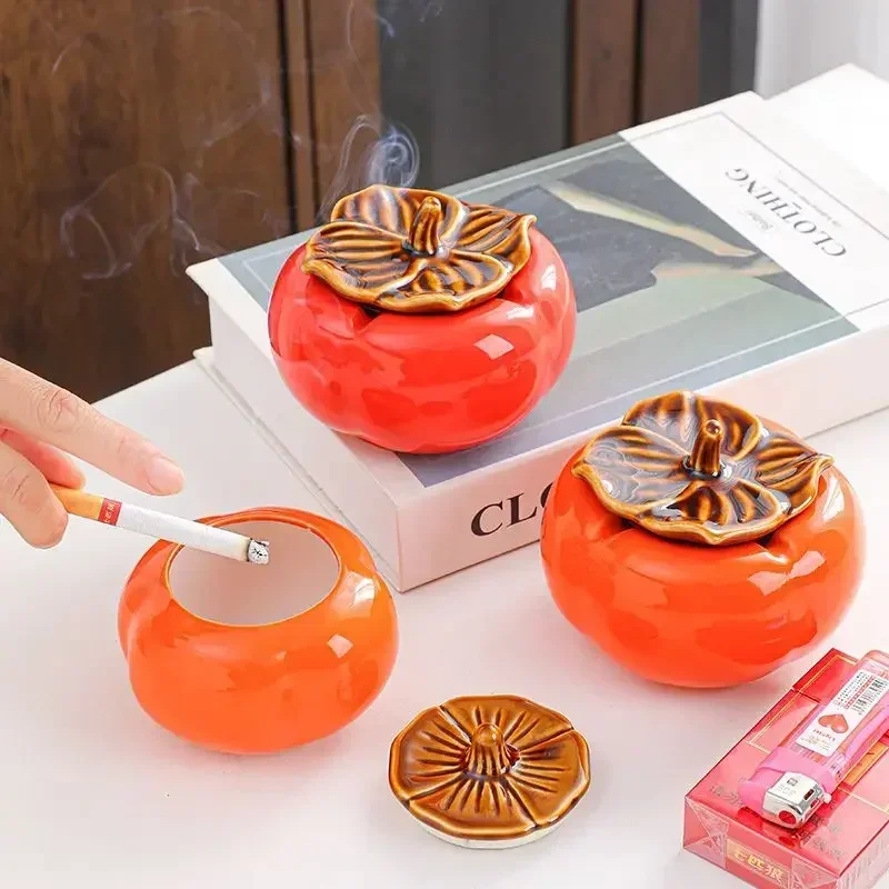 Persimmon Tea Pot Ceramic with Lid Seal Pot Living Room Ashtray Anti Fly Ash 7.5*9.2cm Study Tea Table Decoration Candy Jar 1pc