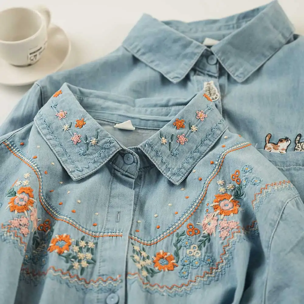 

Japanese Vintage Mori Girl Floral Embroidery Denim Cotton Shirts Women Spring Autumn Long Sleeve Single Breasted Denim Outwear