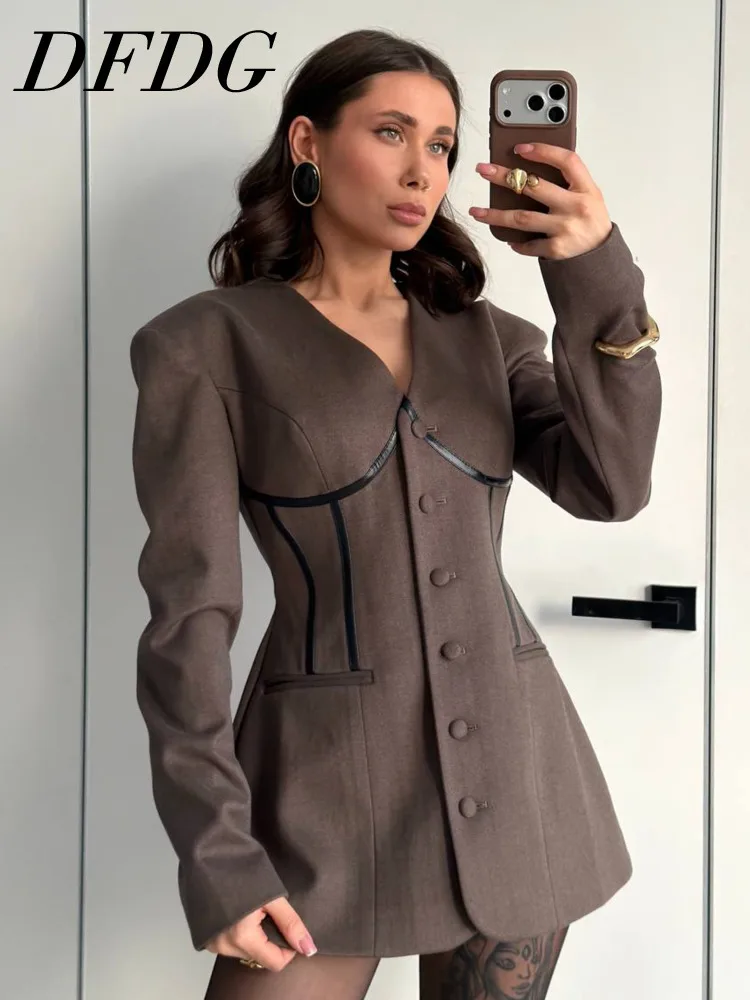 

DFDG Women's Spring Summer V Neck Contrast Stripe Fitted Blazer Dress Elegant Formal Party 2026 Trendy Feminine Fashion Blazer