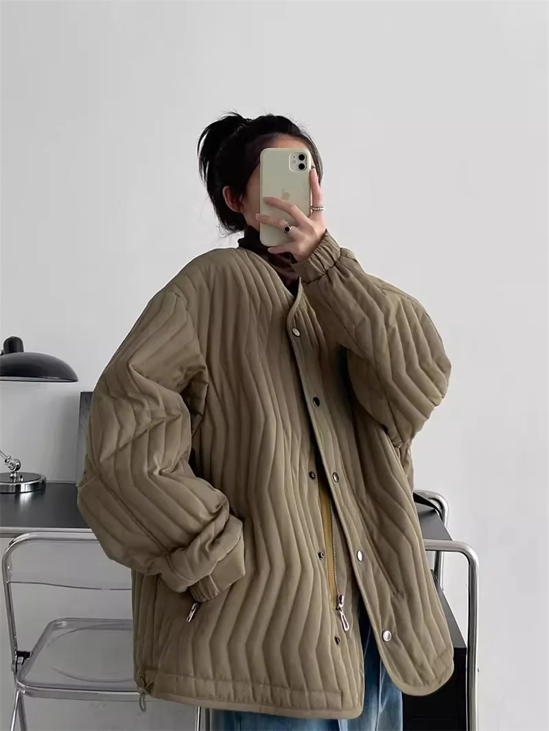 2024 Autumn/Winter Solid Color Korean Vertical Pattern Quilted Cotton Coat Women's Round Neck Warm Jacket Cotton Coat Thickened