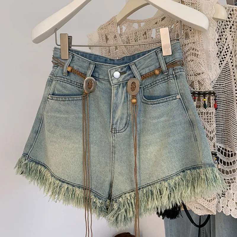 

Tassel Burr Denim Shorts Women Summer Latest Design Waist Chain High-waist Wide Legs A-line Hot Jean Pants Lace Up Trend Trouser