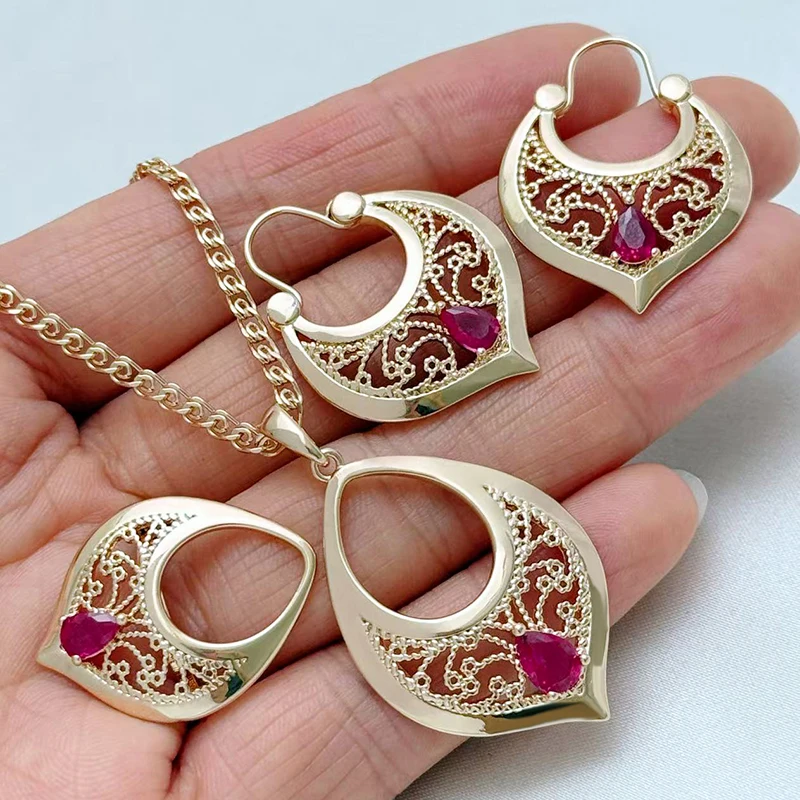 

Kinel Hot Ethnic Bride Crystal Flower Necklace Earring Ring For Women Fashion 585 Rose Gold Color Natural Zircon Jewelry Sets