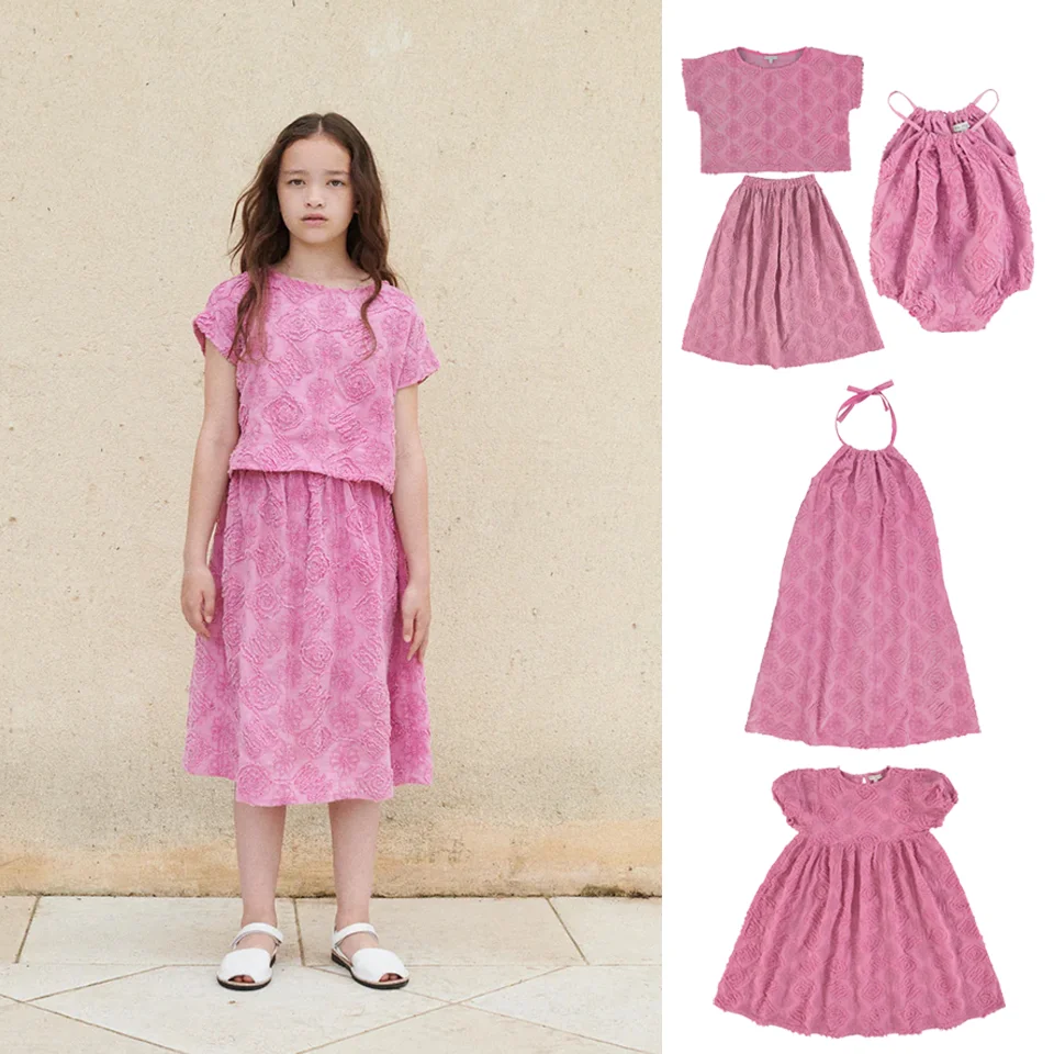 BebeOrganic Girls Strap Dress Jumpsuit Top Skirt Set Purple Pink Flower Rope Plate Embroidery Summer Children Clothing