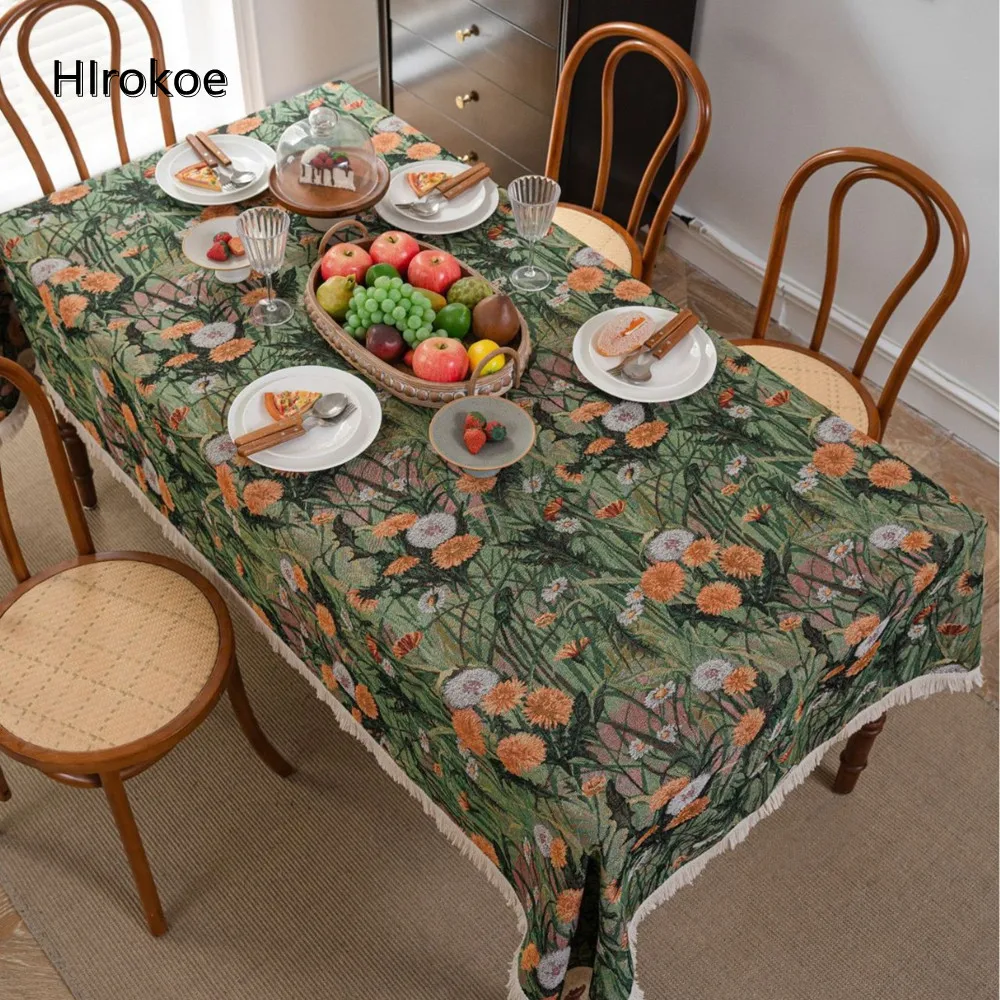 

American Literary Rectangular Tablecloth Green Jacquard Dandelion Fabric Dining Table Cover Picnic Mat Coffee Table Stall Cloth