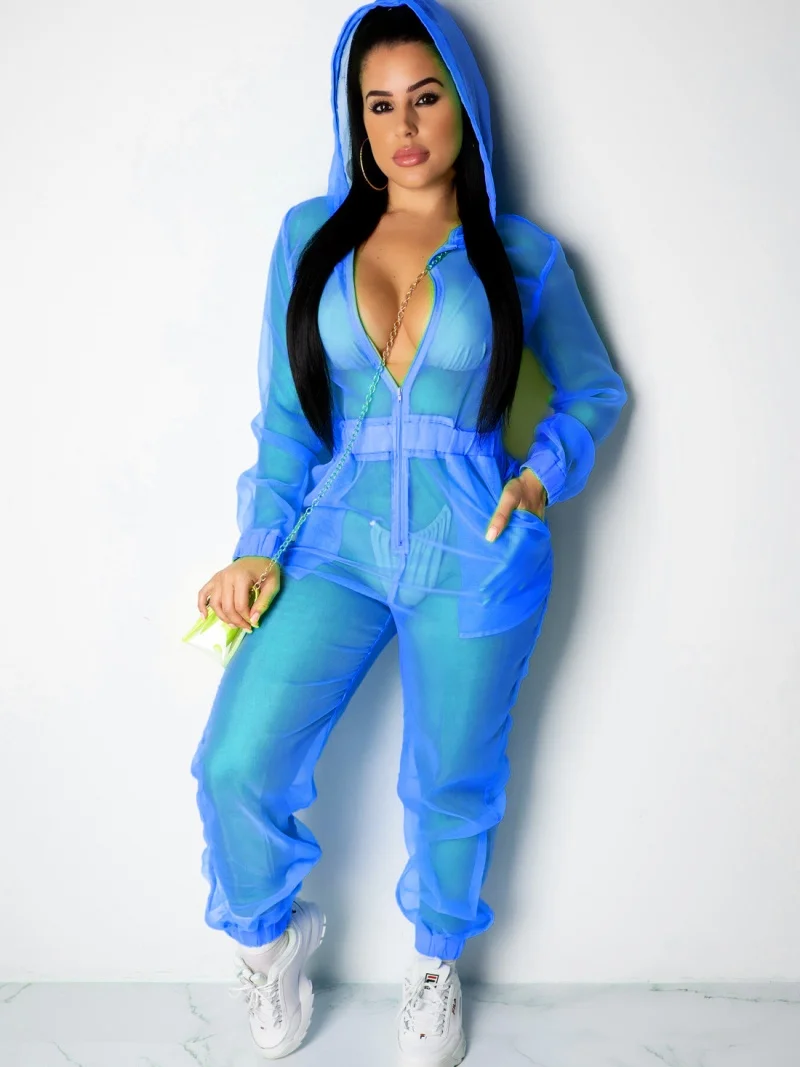 

Sexy See Through Mesh Jumpsuits Autumn Clothing Women Long Sleeved Hipster Hooded Rompers Playsuits One Pieces Overalls Outfits