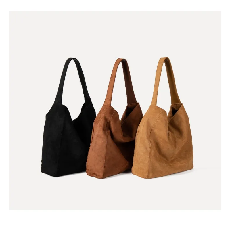 New Winter Matte Suede Cow Leather Women Tote Coffee Retro High-end Warm Color Female Shoulder Bag Huge Commute Travel Handbag