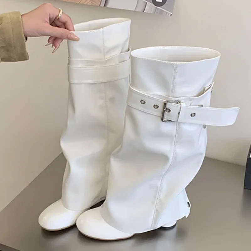 Eilyken Winter Design Detachable Splicing Buckle Strap Women Knee-High Boots Fashion Round Toe High Heels Shoes